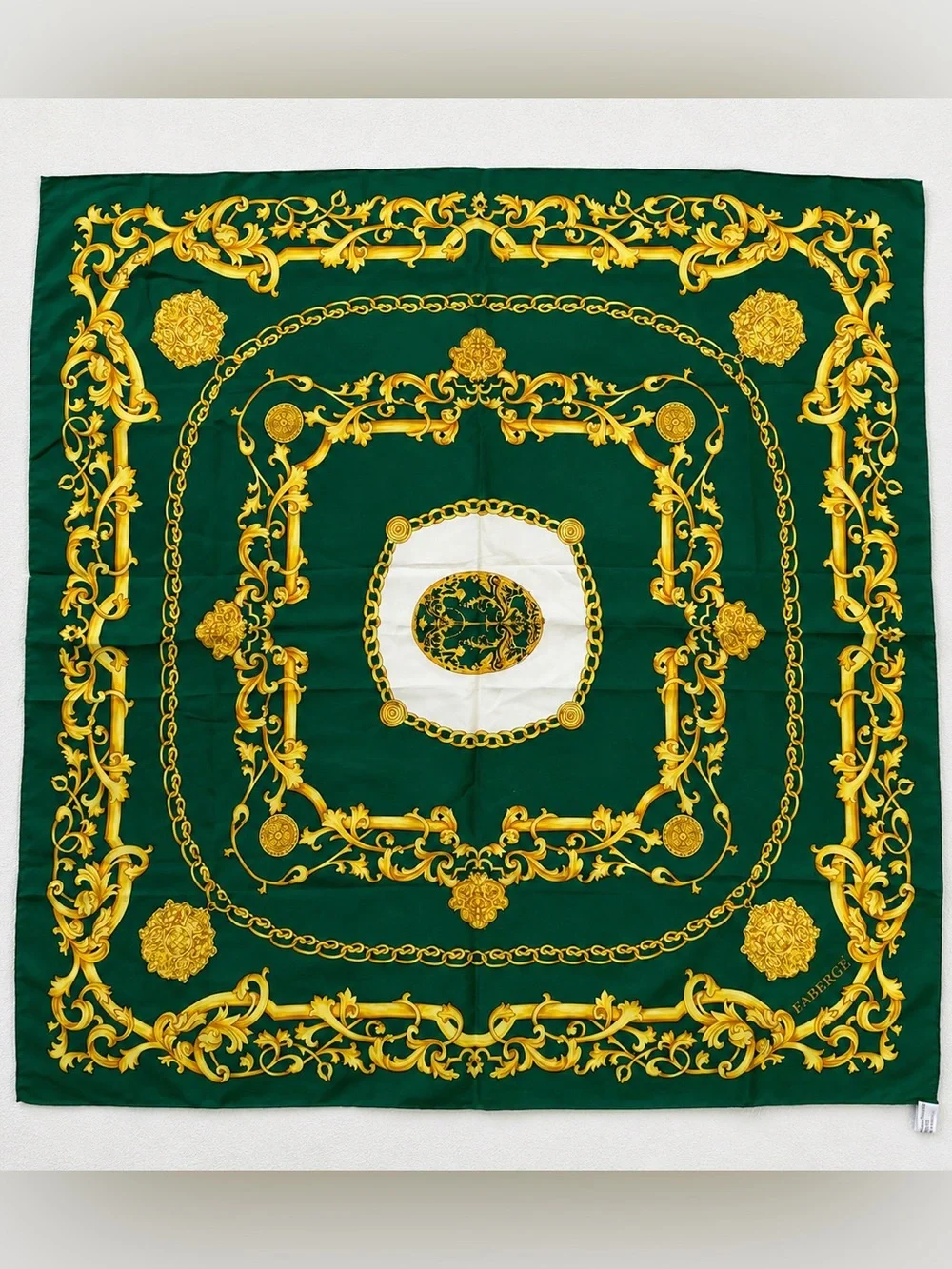 Fabergé 100% Silk Scarf 32” Green Gold Baroque Chain Print Hand Sewn